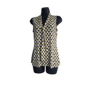 Banana Republic Womens Yellow Geometric Checkered Tie Neck Sleeveless Top Small